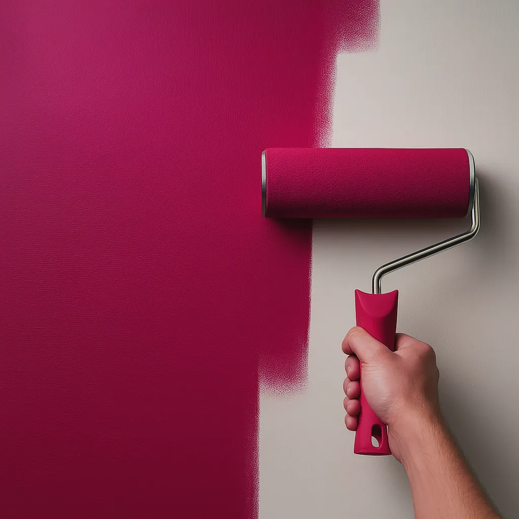 Hand hält Farbroller und streicht eine Wand in kräftigem Magenta von einer weißen Fläche.